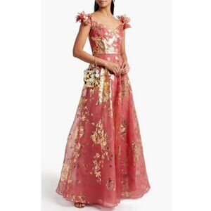 NWT Marchesa Notte Off Shoulder Applique Printed Organza Dress in Coral